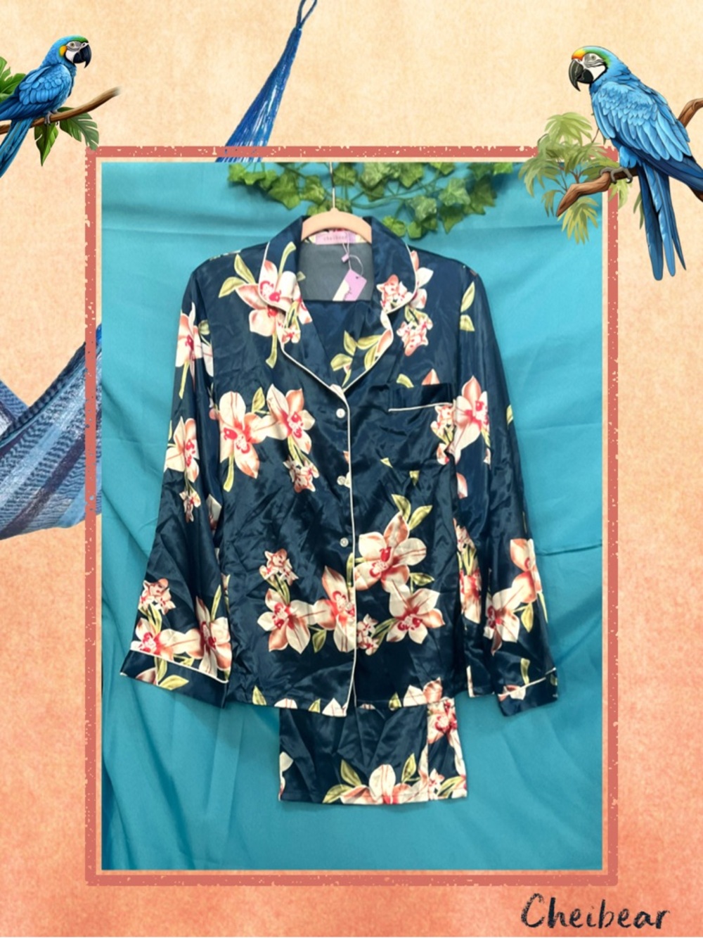 Cheibear Deep Blue Floral Satin Pajama Set • NWT